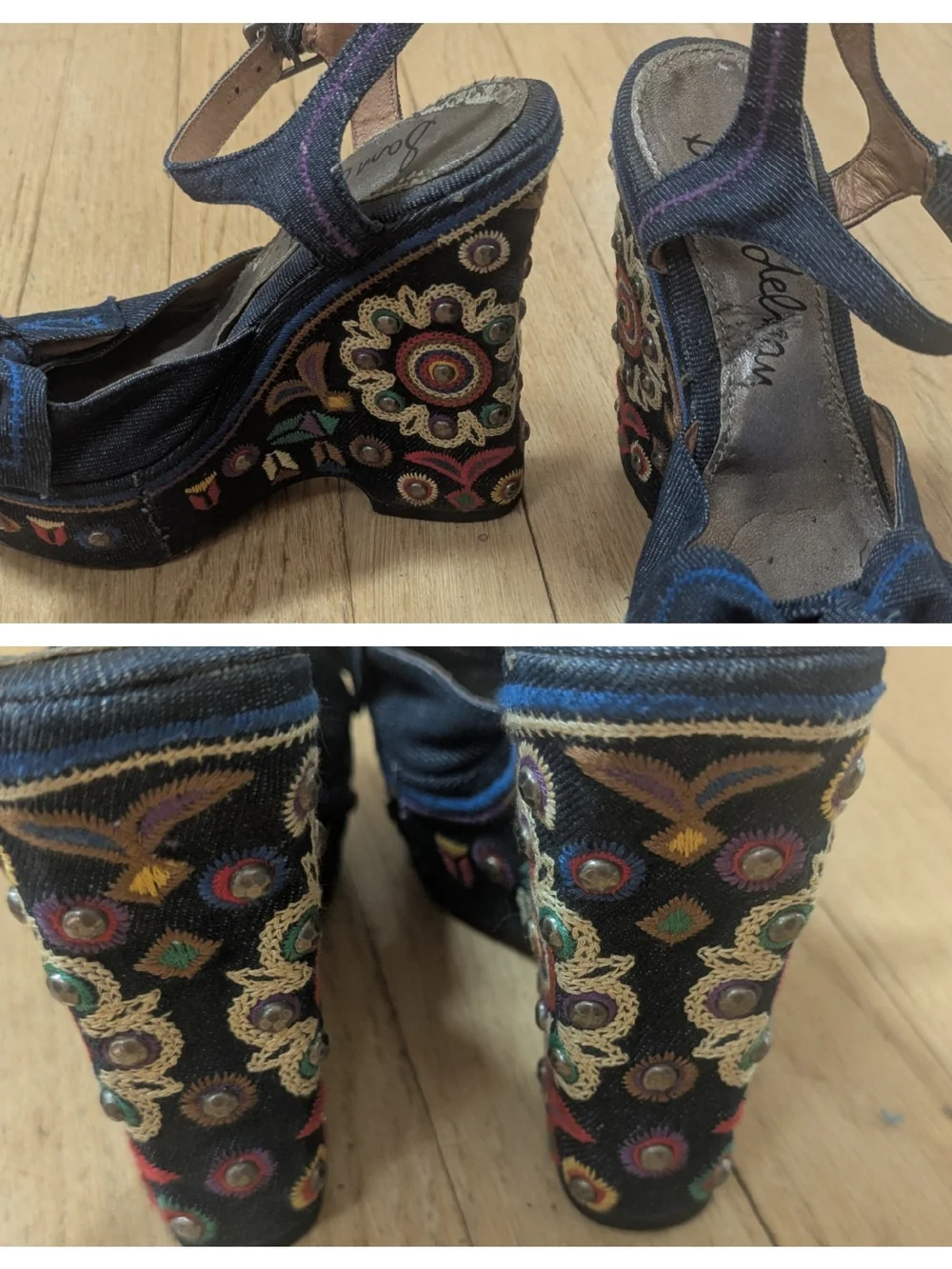 Sam Edelman Rylee Dark Blue Embroidered Denim Platform Sandals 4.5 5